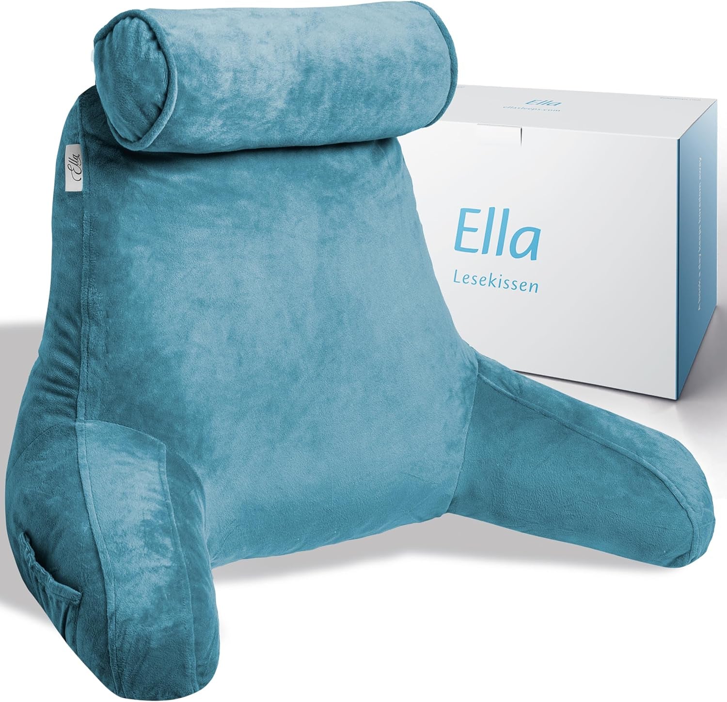 Ella Lesekissen für Bett und Sofa mit abnehmbarer Nackenrolle – Rückenkissen fürs Bett – Lesekissen aus Memory-Schaum mit Armlehnen, ideal zum Lesen, Fernsehen, Entspannen oder als Rückenstütze – Grau