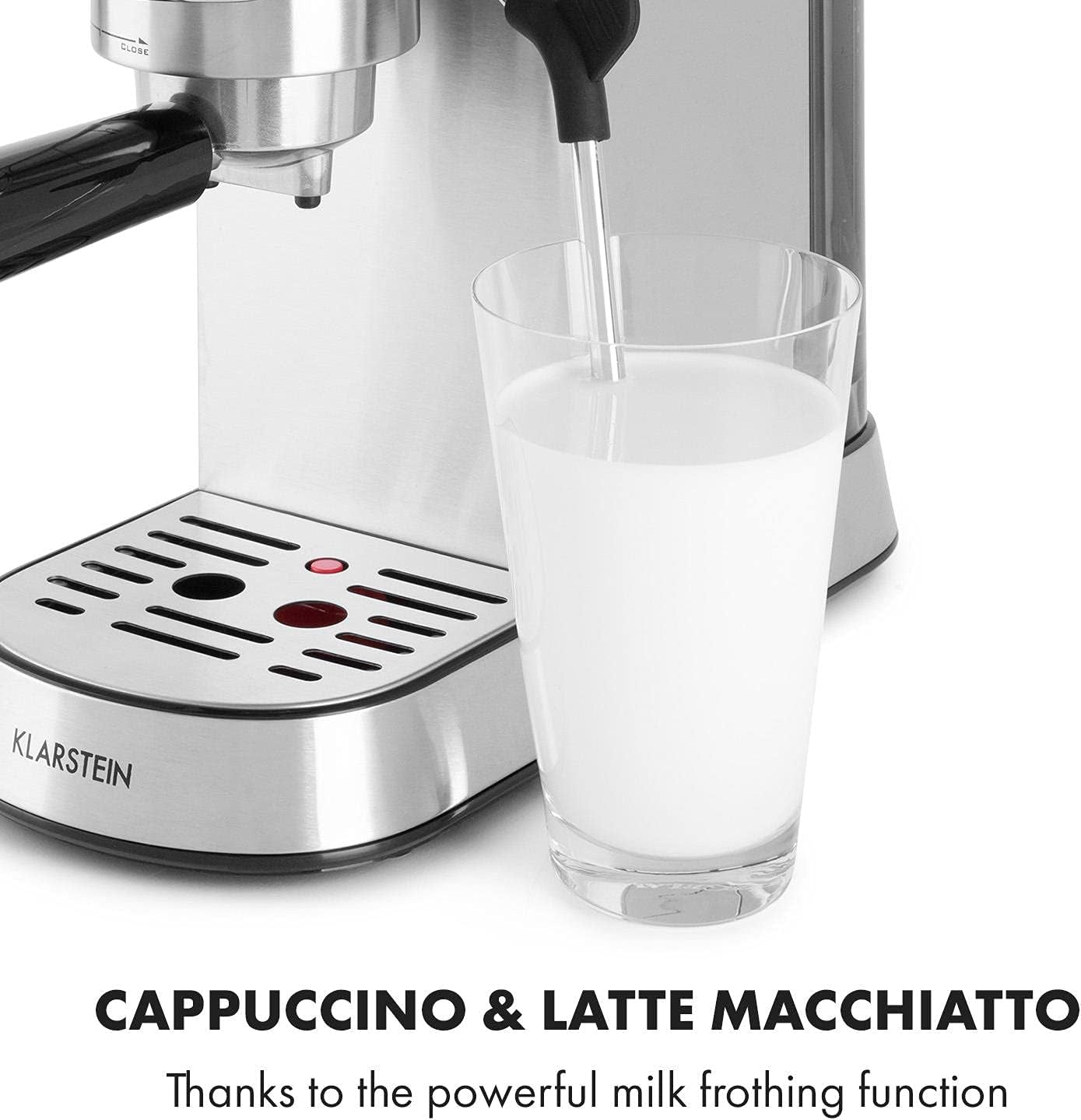 Klarstein Futura Espressomaschine, tragbare Filter-Espressomaschine, 1450 W, 20 bar, Barista-Qualität, Doppeldüse, Flow Stop, tragbare Filter-Espressomaschine, Milchaufschäumfunktion, Silber