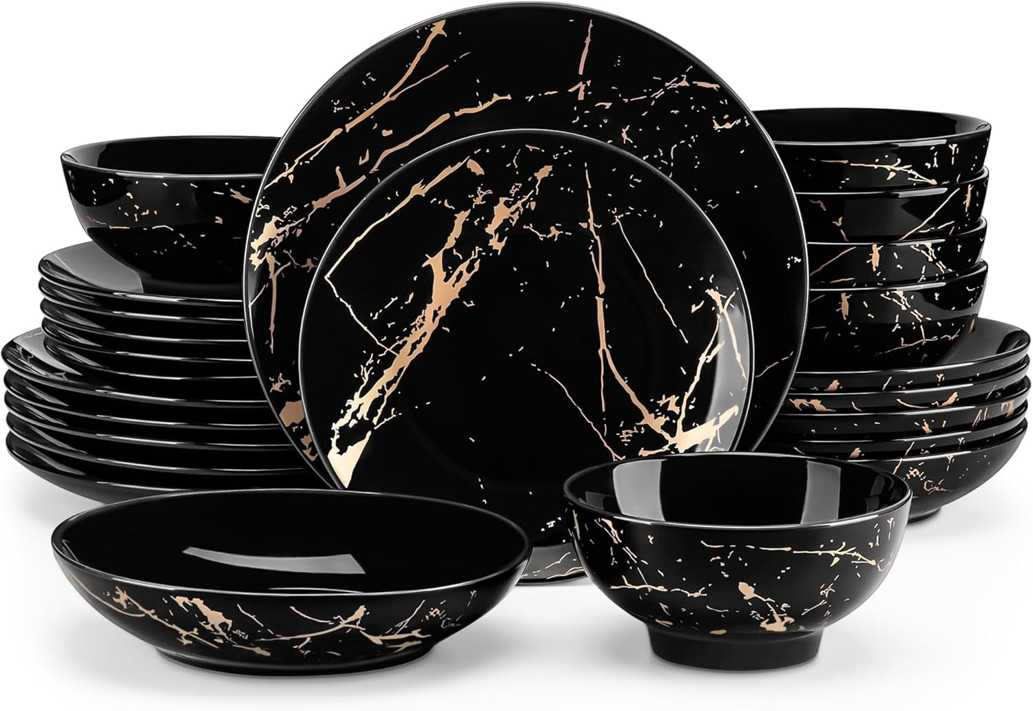 LOVECASA Daphne-Serie Porzellan-Geschirrset SWEET, 24-teiliges Kombinationsset, goldene Design-Speiseteller, Dessertteller, Müslischalen und Speiseteller für 6 Personen