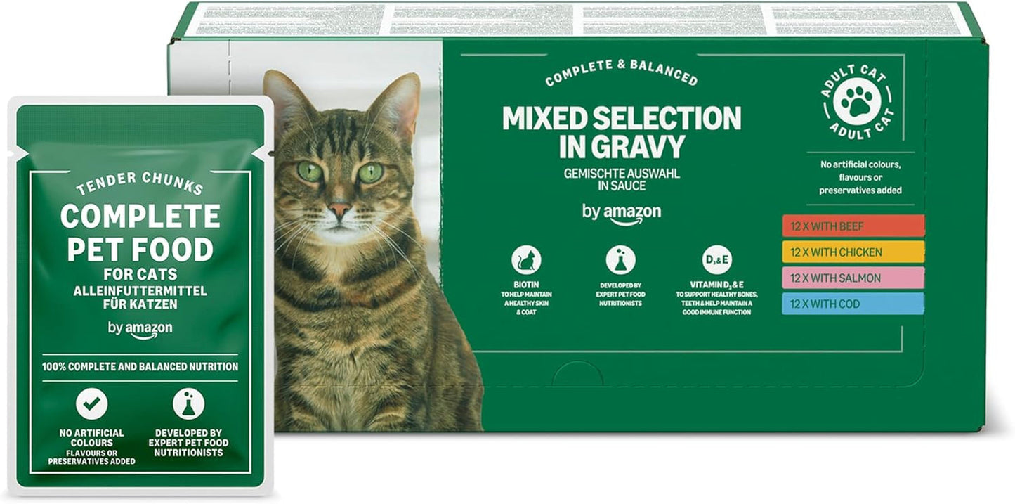 Amazon Nassfutter für ausgewachsene Katzen, gemischte Auswahl in Sauce, 4,8 kg (48 Packungen x 100 g)