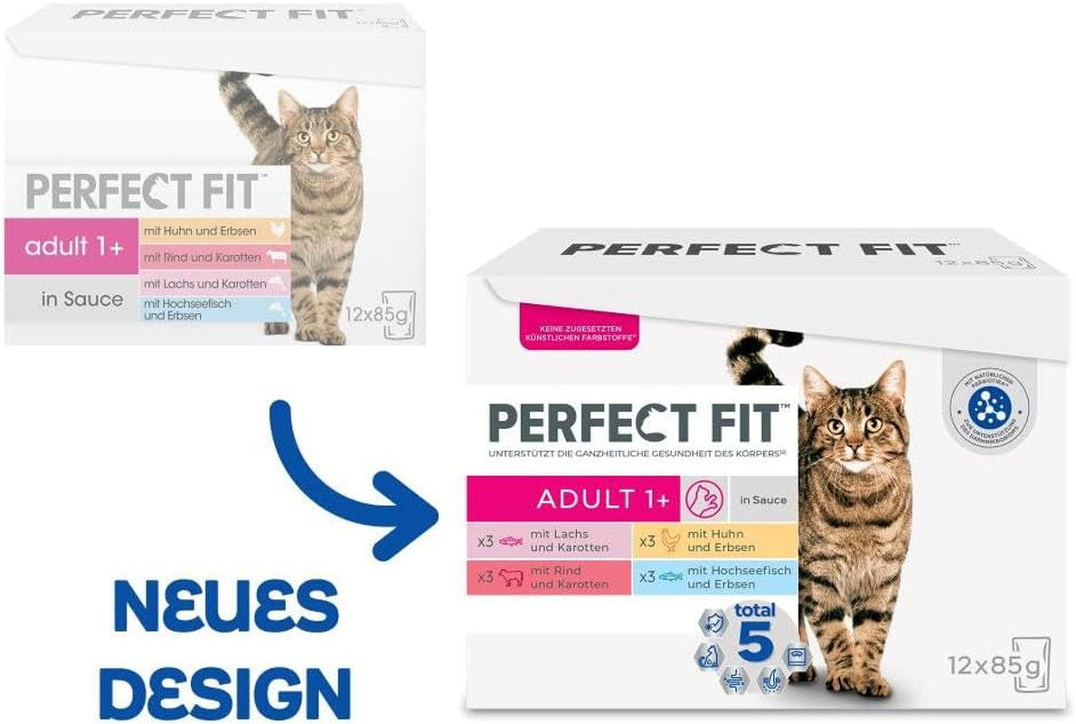 Perfect Fit Adult 1+ Nassfutter-Auswahl mit Lachs, Tiefseefisch, Rind und Huhn, 48 Beutel, 12x85g (4er-Pack) – Premium-Nassfutter für ausgewachsene Katzen ab 1 Jahr
