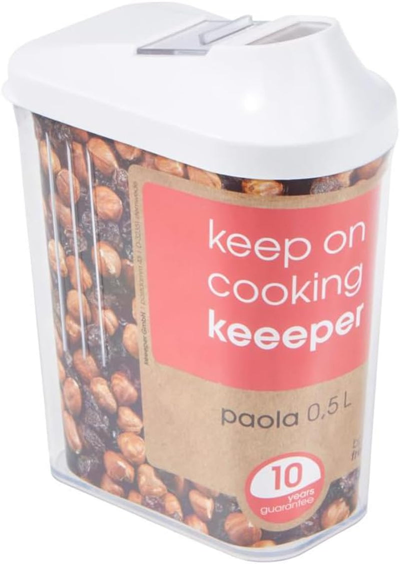 keeeper Ausgießbox für Trockenvorräte, stufenlos verstellbarer Dosierdeckel, Kunststoff, 500 ml, 8 x 4,5 x 15 cm, Paola, weiß Frischhaltedosen Naty Shop 500 ml