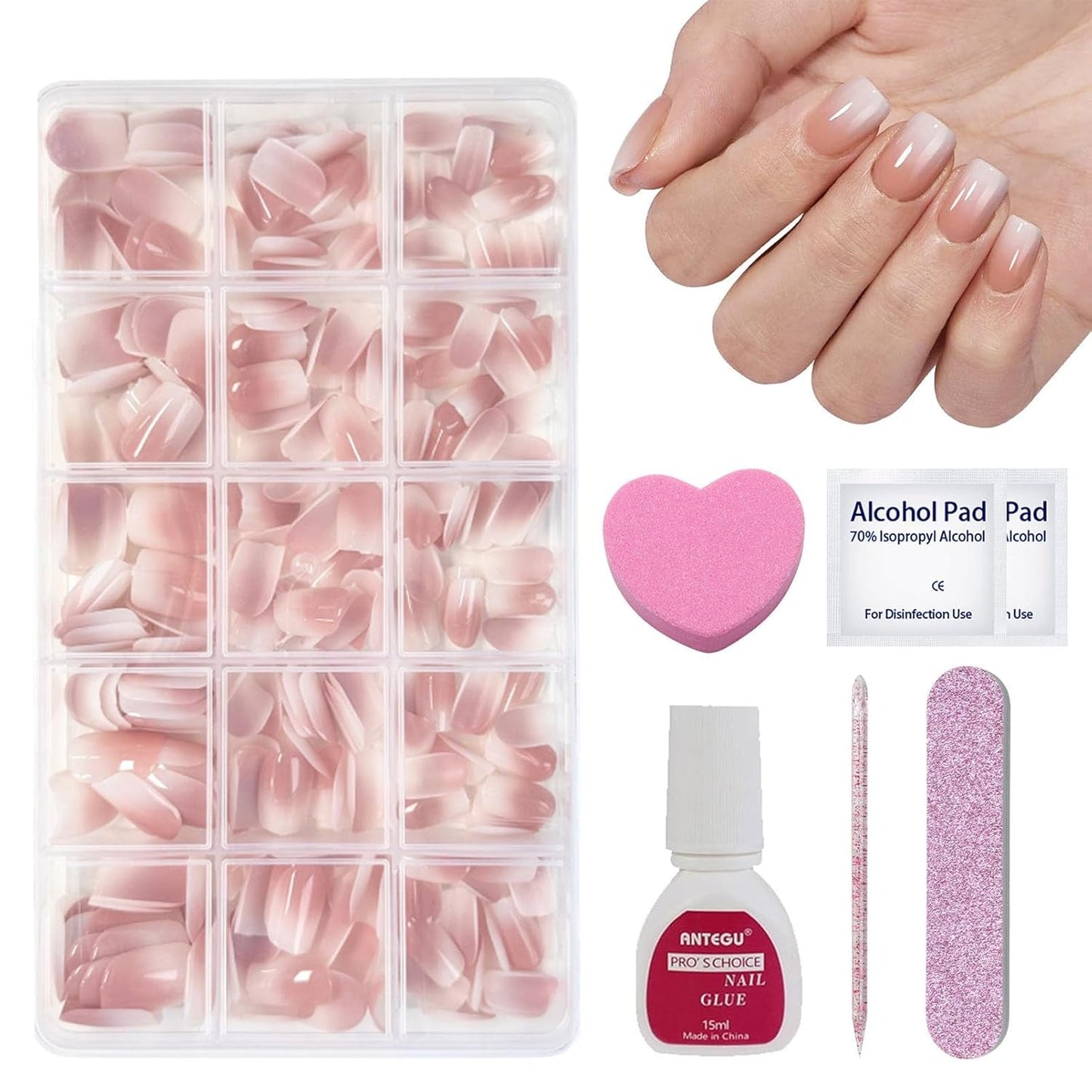 240-teiliges Set mit kurzen Kunstnägeln – kurze natürliche künstliche Nägel zum Aufkleben – künstliche Nägel mit Nude-Farbverlauf für Box-Nagelverlängerungen (Nude-Farbverlauf)