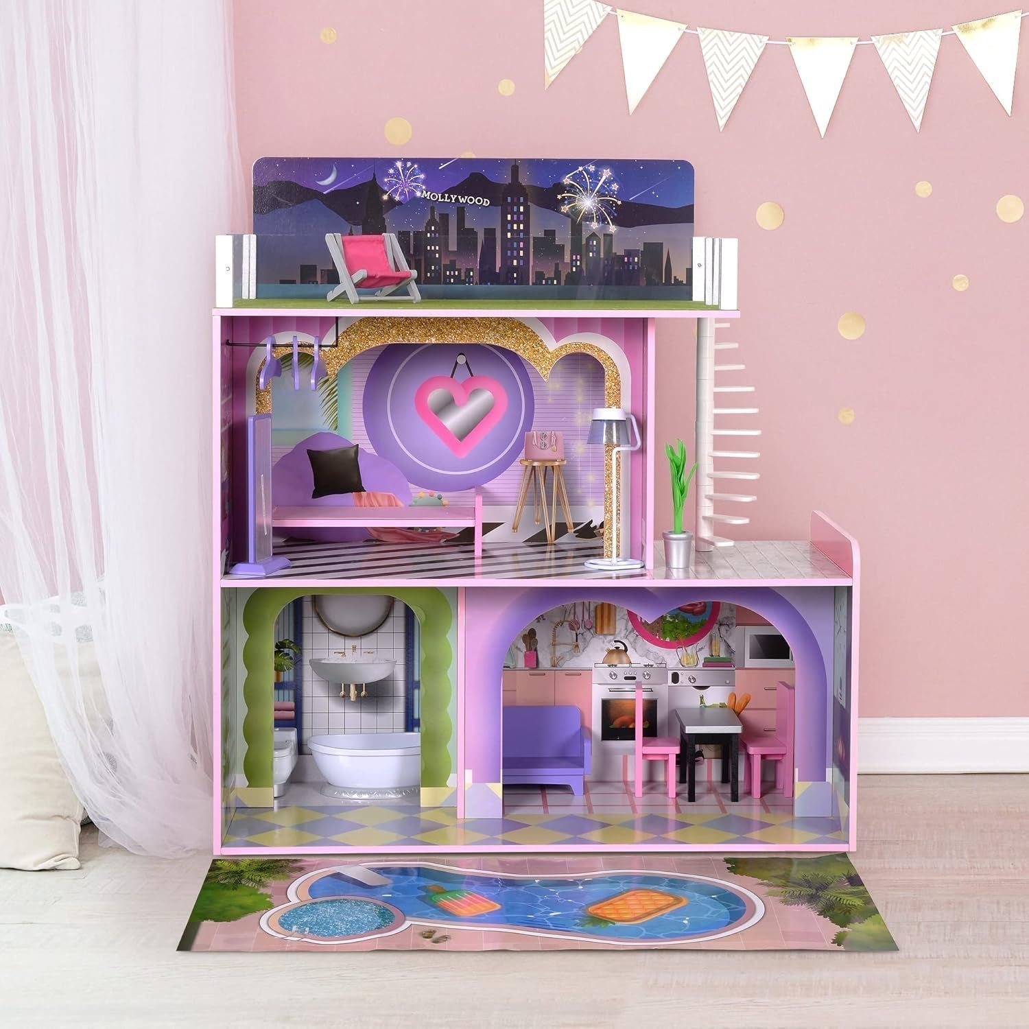 Olivia's Little World Big Dreamland Sunset Zeitgenössisches interaktives Holzpuppenhaus für Kinder, 3 Etagen mit 16 Puppenmöbelzubehör, Multi TD-13616A Puppenhäuser Naty Shop