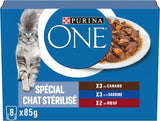 PURINA EINS | BIFENSIS | Futter für sterilisierte erwachsene Katzen | Unterstützt die Vitalität, Knochen, Muskeln und Gelenke der Katze | In Soße | Beutel mit Ente, Sardinen, Rindfleisch, Frische | 1 Stück (8 x 85g)