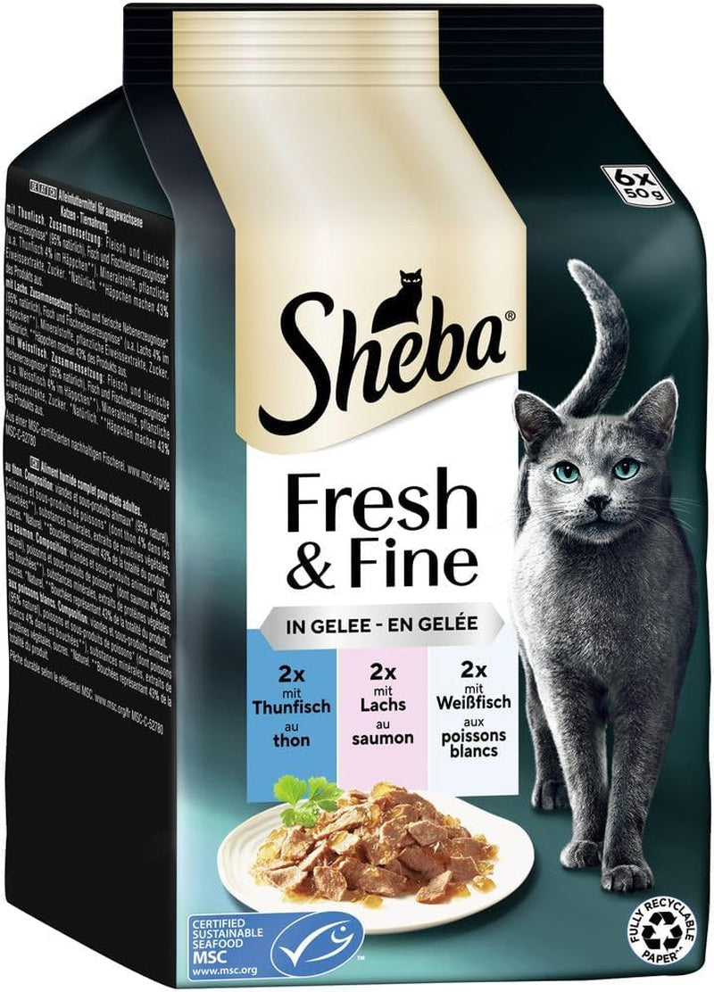 Sheba Portionsbeutel Nassfutter für Katzen, Multipack Fresh & Fine in Gelee mit MSC Thunfisch und Lachs, 6x6x50g - Gesunde Mahlzeiten für Katzen mit Gelee
