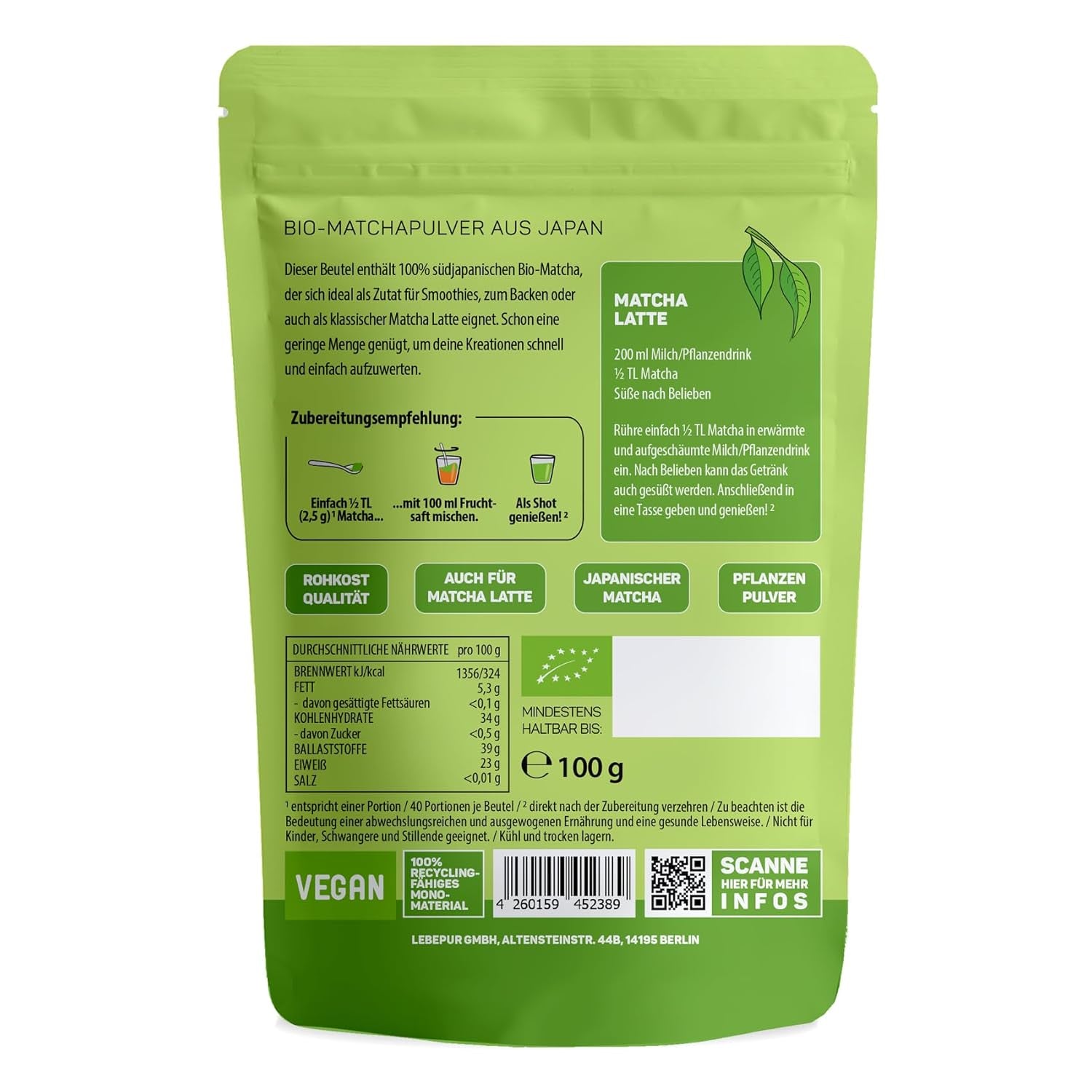 Lebepur BIO Matcha-Pulver 100 g – Premium-Qualität aus Japan ohne Zusatzstoffe – 100 % reines Grüntee-Pulver für Matcha Latte, Matcha-Tee, grünen Tee, Smoothie – japanischer grüner Tee