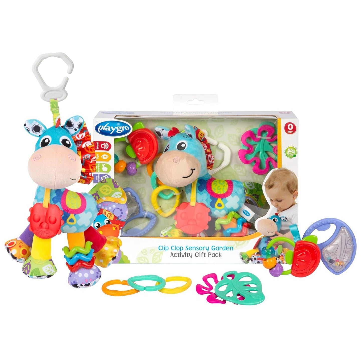 Playgro Clip Clop Sensory Garden Activity Geschenkpaket – Sensorisches Gartenspielzeug für Babys ab 0 Monaten – Interaktives Spielzeug mit Rasseln, Beißring und Kinderwagenfreund – 4 Stück
