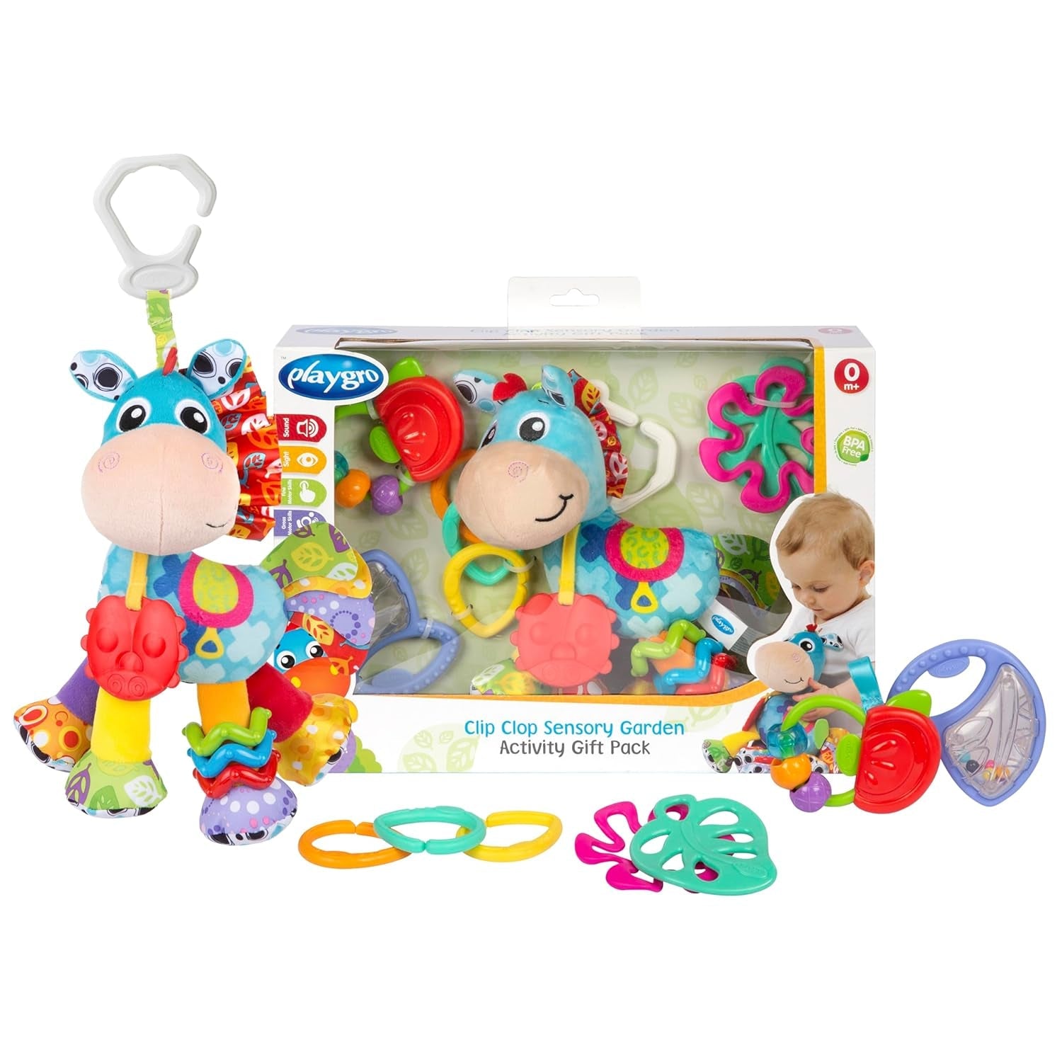 Playgro Clip Clop Sensory Garden Activity Geschenkpaket – Sensorisches Gartenspielzeug für Babys ab 0 Monaten – Interaktives Spielzeug mit Rasseln, Beißring und Kinderwagenfreund – 4 Stück