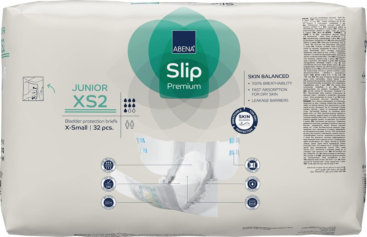 Premium-Slip-Windeln für Junioren, Umweltzeichen, verbesserter Auslaufschutz, sichere und bequeme Babywindeln – Größe 7/XS2, Taillenumfang 40–60 cm, Alter 5–15 Jahre, 1 x 32er-Pack