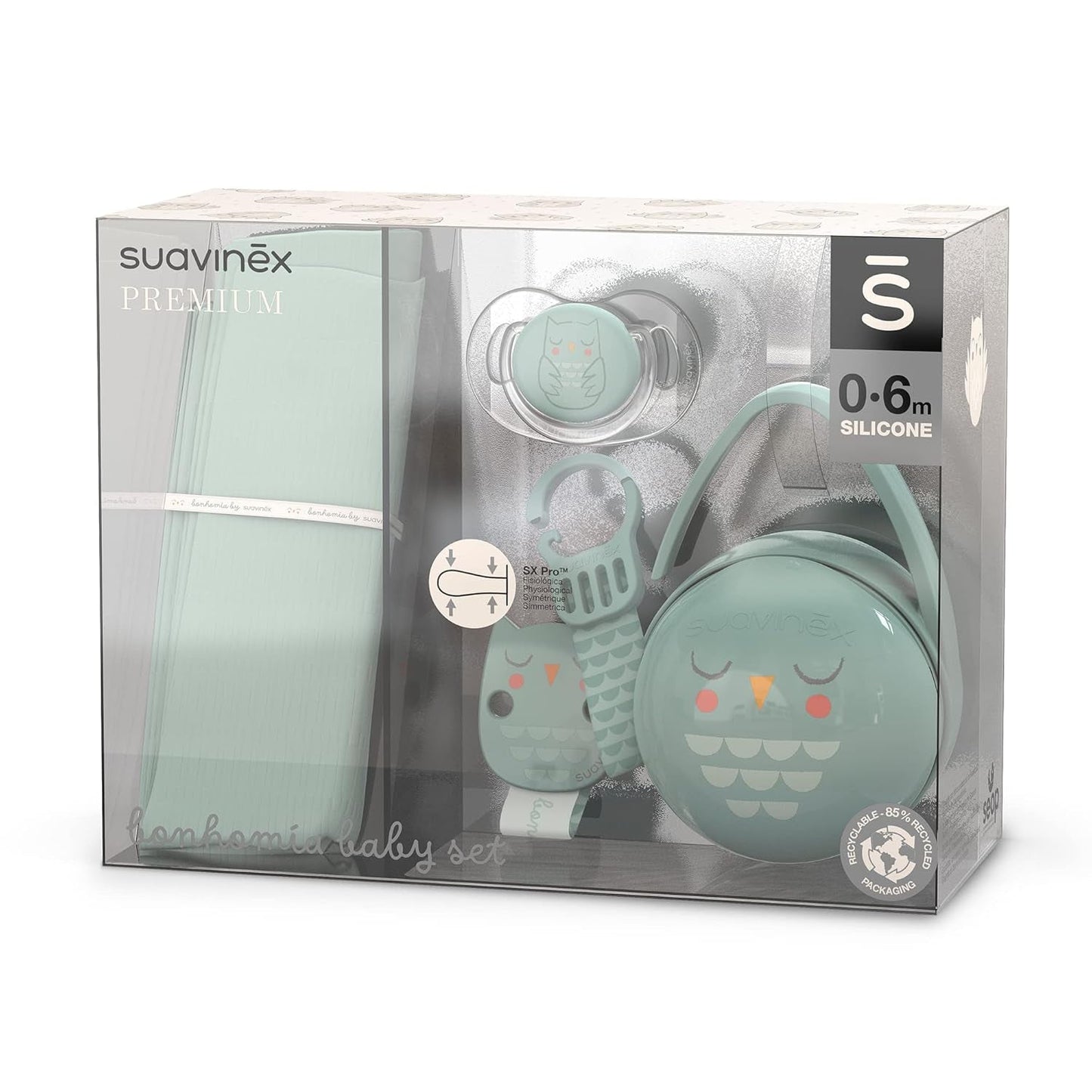 Suavinex-Geschenkset für Neugeborene. 4-teiliges Set bestehend aus: Physiologischer SX Pro-Schnuller für Babys von 0 bis 6 Monaten + Schnullerhalter + Duo-Schnullerhülle + Beißring aus Silikon. Wunderland, beige