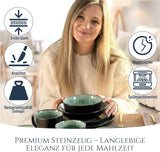24-teiliges Keramik-Steinzeug-Geschirrset für 6 Personen, Ibiza-Design, TESTSIEGER. Ein wunderschönes mediterranes Geschirrset mit Schüsseln und Tellern. Pure Living Geschirrset, Salbeigrün.