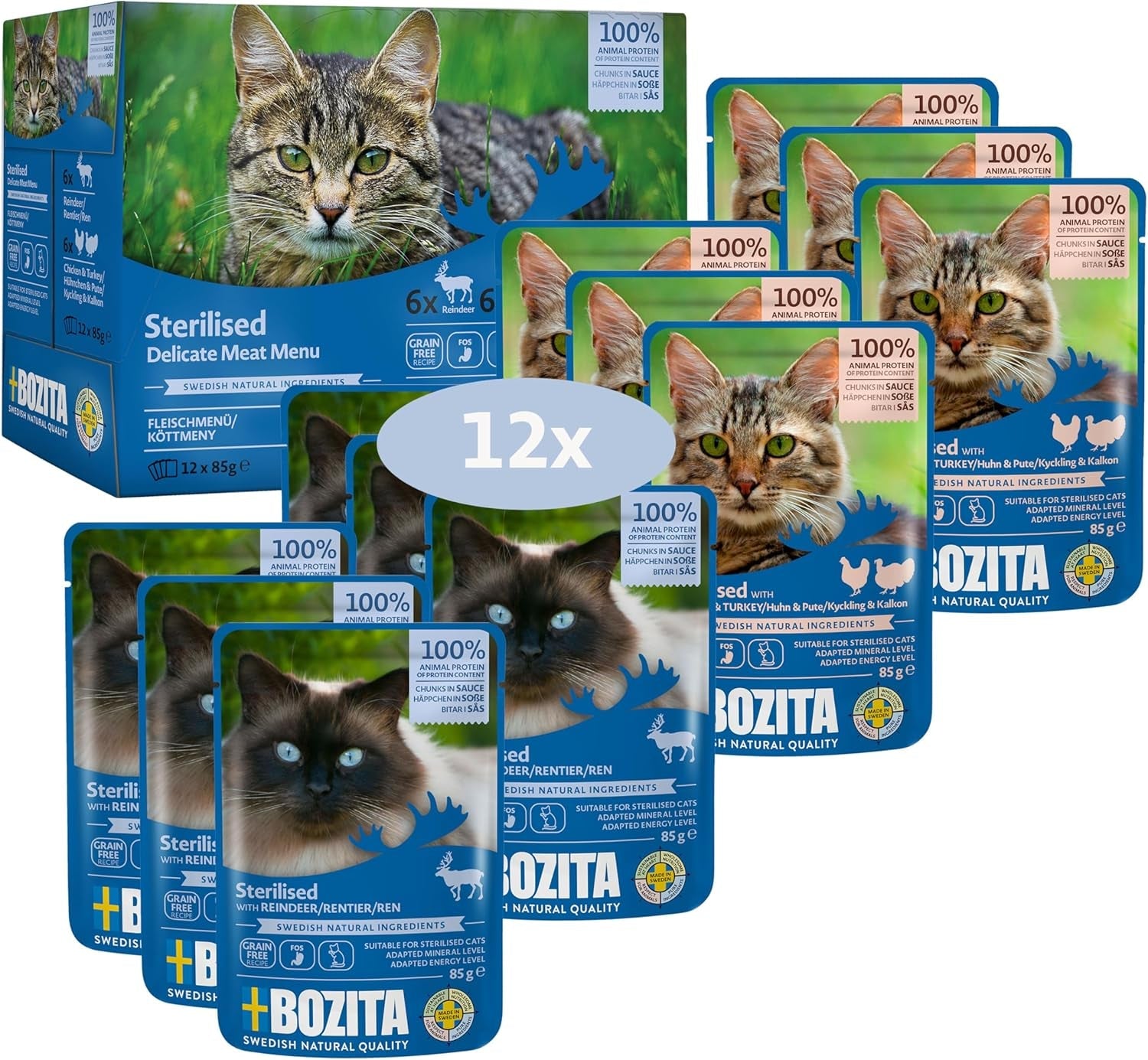 Bozita Sterilisiertes Nassfutter Multibox – Stücke in Fleischsauce – 12 Portionsbeutel x 85 g Getreide- und weizenfreies Mischpaket – Katzenfutter mit 8,5 % Protein und 3,5 % Fett