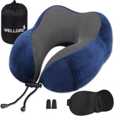WELLGRO Nackenkissen-Set mit 3D-Schlafmaske und Ohrstöpseln – abnehmbarer Bezug – Memory-Schaum – Reißverschluss – inklusive Aufbewahrungstasche – Reisekissen – Farbe wählbar, Farbe: Grau. Zervikale orthopädische Kissen Naty Shop Dunkelblau