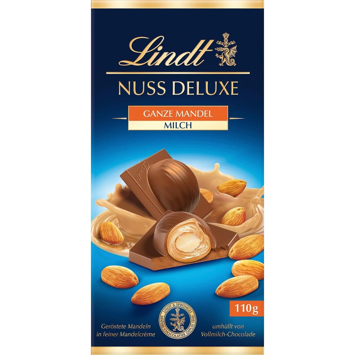 Lindt-Schokolade | NUT DELUXE Schokoriegel mit Milch und Mandeln | 110g | Milchschokolade mit gerösteten Mandeln in einer zarten Mandelcreme | Schokoladenriegel