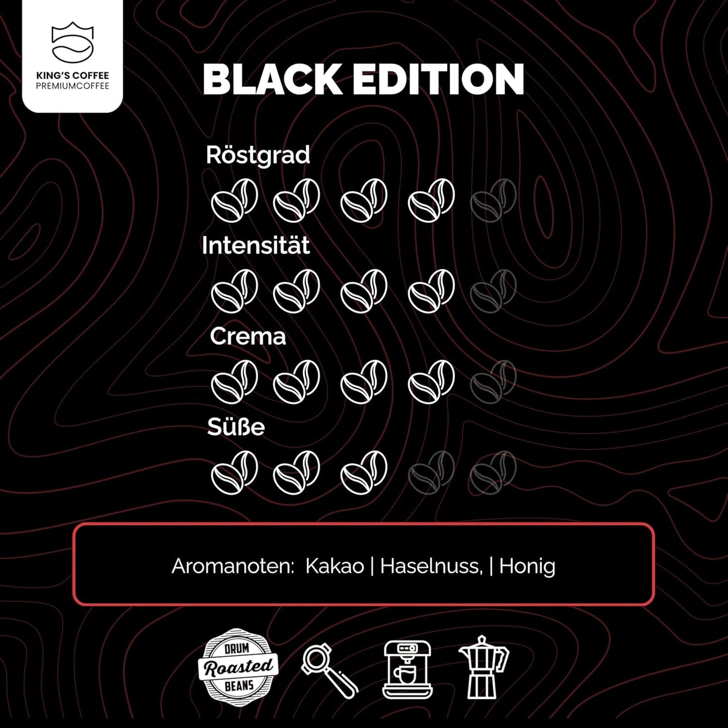 KING'S COFFEE – BLACK EDITION – 1 kg intensive, cremige Kaffeebohnen – Kaffee mit geringem Säuregehalt – Kleinserienröstung aus Italien – Starke Arabica-Espressobohnen (Mischung) für Vollautomaten und Siebträgermaschinen