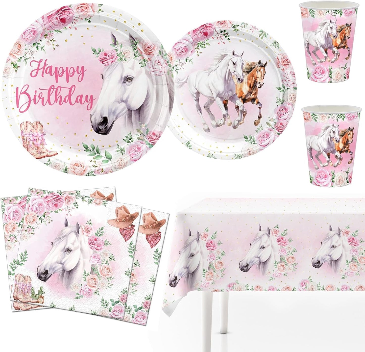 51-teiliges Party-Set, rosa Pferd, Pappteller, Becher, Servietten, Kinder, Mädchen, Jungen, Geburtstag, Pferd, Tischdekoration