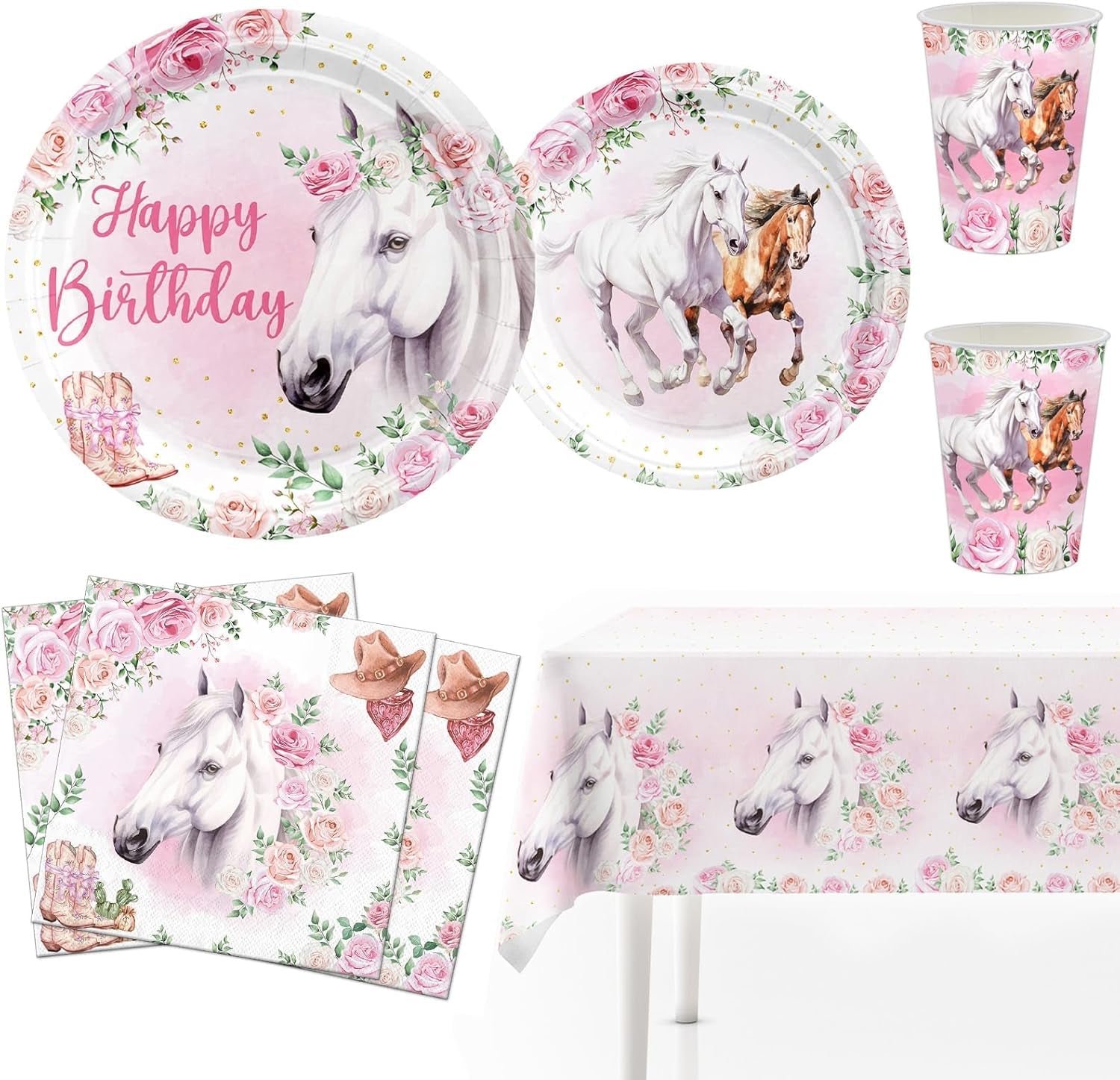 51-teiliges Party-Set, rosa Pferd, Pappteller, Becher, Servietten, Kinder, Mädchen, Jungen, Geburtstag, Pferd, Tischdekoration