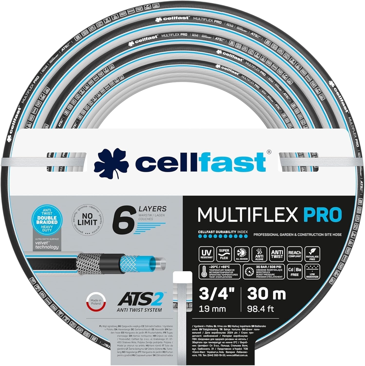 Gartenschlauch Cellfast MULTIFLEX PRO, langlebig, 6-lagig, ATS2-Strickgeflecht, UV- und algenbeständig, schwermetallfrei, Samttechnologie, 35 bar, -20/+65°C, 3/4", 30m
