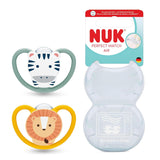 NUK Perfect Match Luftschnuller für Babys | 6-18 Monate | Kieferorthopädische Schnuller, die die Luftzirkulation fördern und durch Speichel verursachte Hautausschläge verhindern | 95 % Akzeptanz bei Babys** | Zebra/Löwe | 2 Stück