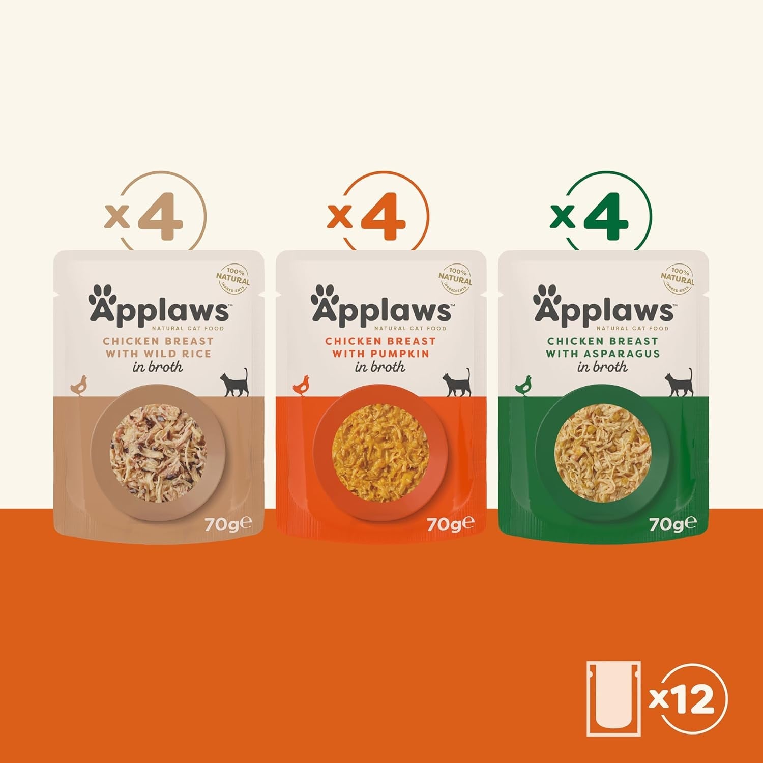 Applaws Premium Natural Nassfutter für Katzen, Auswahl an Huhn in Suppe, 70 g Portionsbeutel (12 x 70 g)