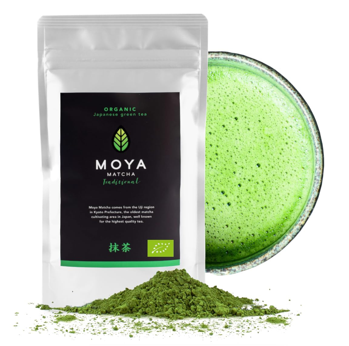Moya Matcha Bio-Grüntee-Pulver | 100 g traditionelle Zeremonienqualität 30 g | Biologisch angebaut und geerntet in Uji, Japan | Perfekt zum Trinken mit Wasser, Matcha-Latte, Smoothies und Limonaden