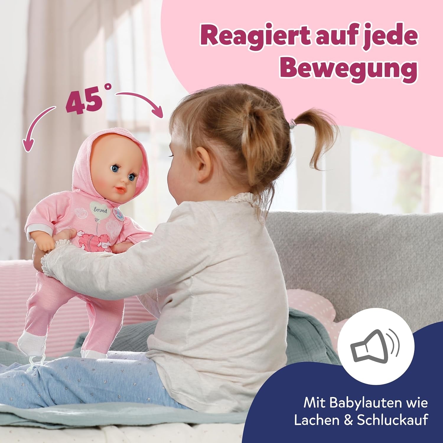 BABY Born Hannah Play with Me – Babypuppe mit 5 Funktionen – Weicher Materialkörper inklusive Zubehör – 36 cm große Puppe – Batteriebetrieben – Geeignet für Kinder ab 1 Jahr