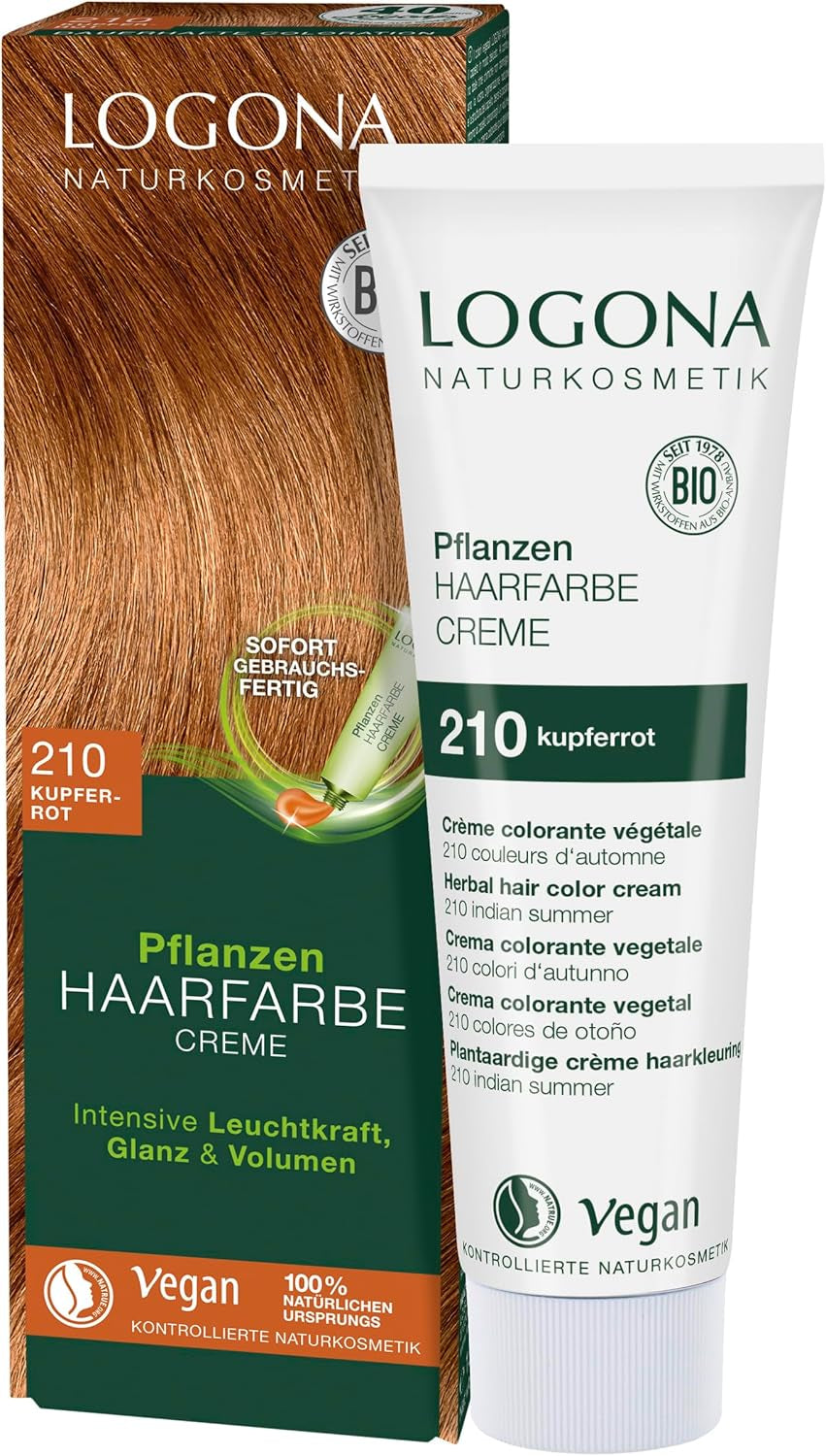 LOGONA Naturkosmetik Pflanzenhaarfarbe Creme 240 Nougatbraun, natürliche Henna-Braunhaarfarbe, Creme, Brauntöne, dunkle Haarfarbe, 150 ml, Naty Shop Haarfarbe 210 Kupferrot [Indian Summer]