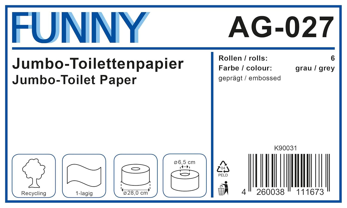 Funny AG-027 Jumbo-Toilettenpapier, 1-lagig, recycelt, Durchmesser 28 cm (6er-Pack)
