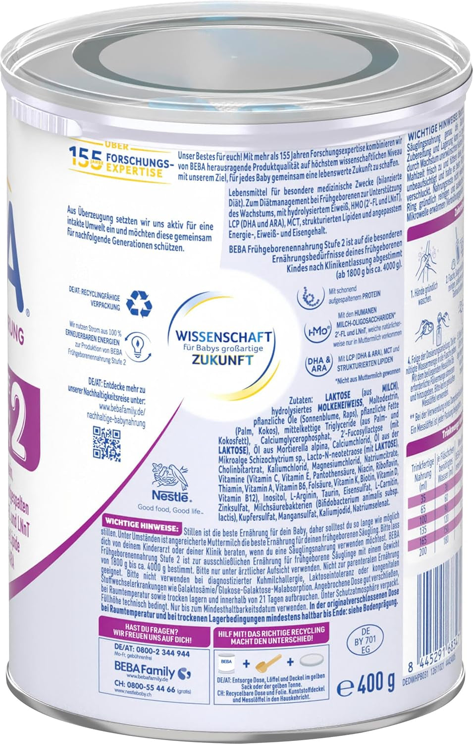 BEBA Frühgeborenennahrung Stufe 2 – Frühgeborene nach Krankenhausentlassung, Babynahrung, Babymilchpulver, 1 Packung (1 x 400 g)
