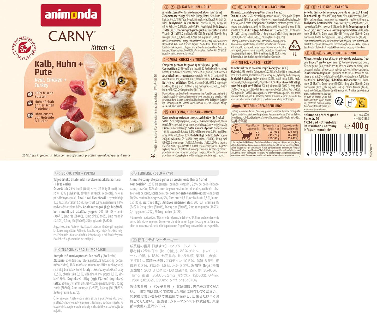 animonda Carny Katzen Nassfutter Kitten Chicken + Pute (12 x 400g), Kitten getreidefreies Katzennassfutter ohne Zucker für wachsende Kätzchen bis 1 Jahr, mit frischen Zutaten