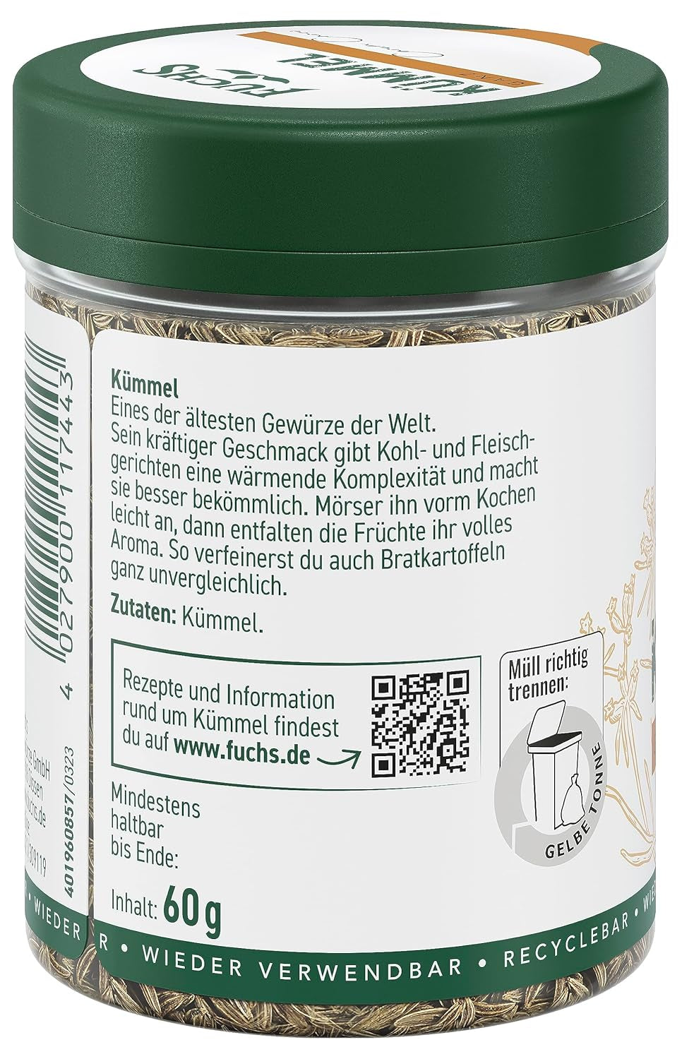 Fuchs Gewürze - Kümmel ganz - kräftiges Gewürz für Kohl- und Fleischgerichte oder zu Bratkartoffeln - natürliche Zutat - 60 g in wiederverwendbarer, recyclebarer Dose