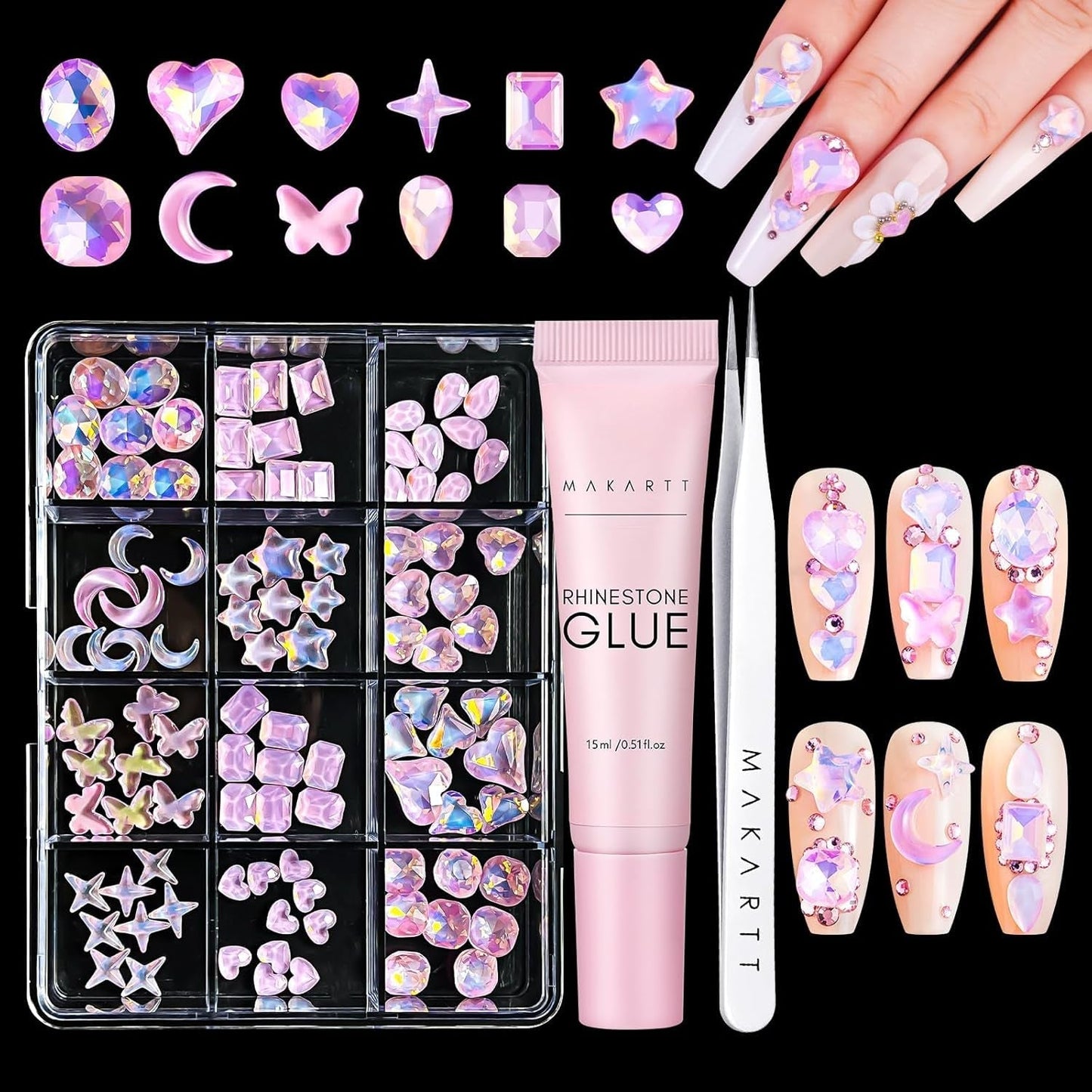 Makartt Strass-Klebegel – 15 ml UV-Nagelkleber-Set mit rosa Nagel-Charms, Herz-Kreis-Nagelschmuck und Nageldesign-Zubehör für Heim-Maniküre, Valentinstagsgeschenk