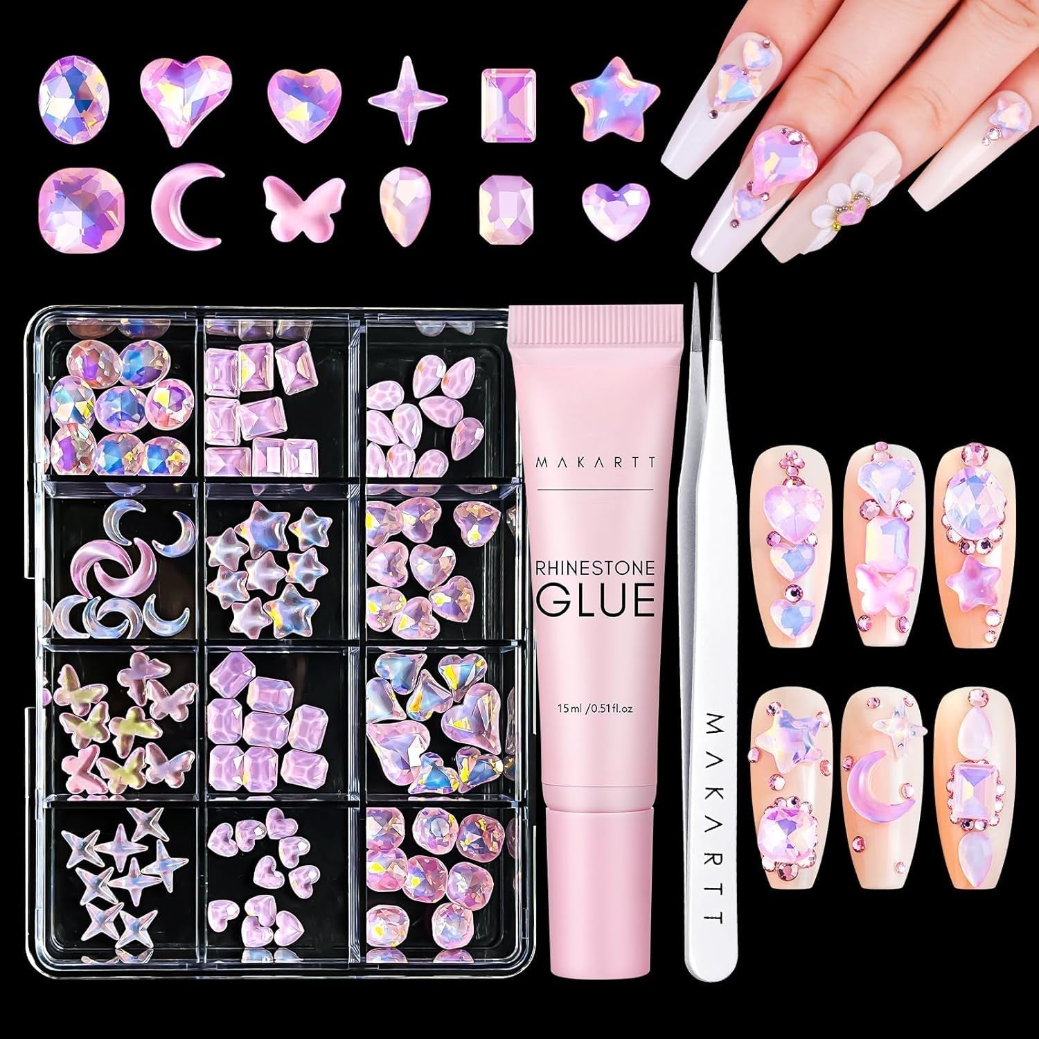 Makartt Strass-Klebegel – 15 ml UV-Nagelkleber-Set mit rosa Nagel-Charms, Herz-Kreis-Nagelschmuck und Nageldesign-Zubehör für Heim-Maniküre, Valentinstagsgeschenk