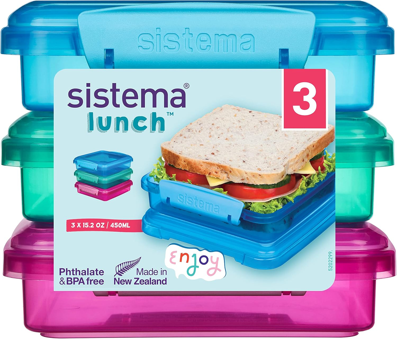 Lunchbox-Sandwichbox-System | 450 ml | stapelbare und luftdichte Lunchbox mit Deckel | für Kinder und Erwachsene | ohne BPA | gemischte Farben | 3 Stück Frischhaltedosen Naty Shop 3 X 450 ml