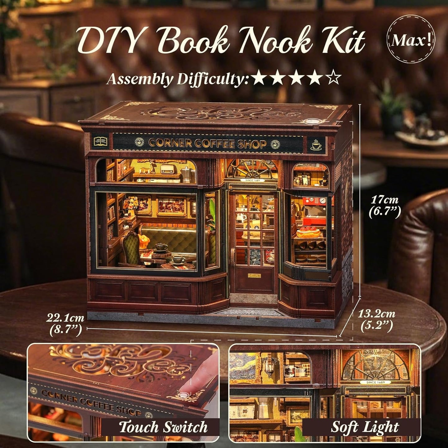 CUTEBEE Bücherecken-Set – DIY-Puppenhäuser, LED-beleuchtetes Miniaturhaus-Bauset für Erwachsene, 3D-Holzpuzzle und Bücherständer – Bücherregal-Dekoration und Geschenk (Eckcafé)