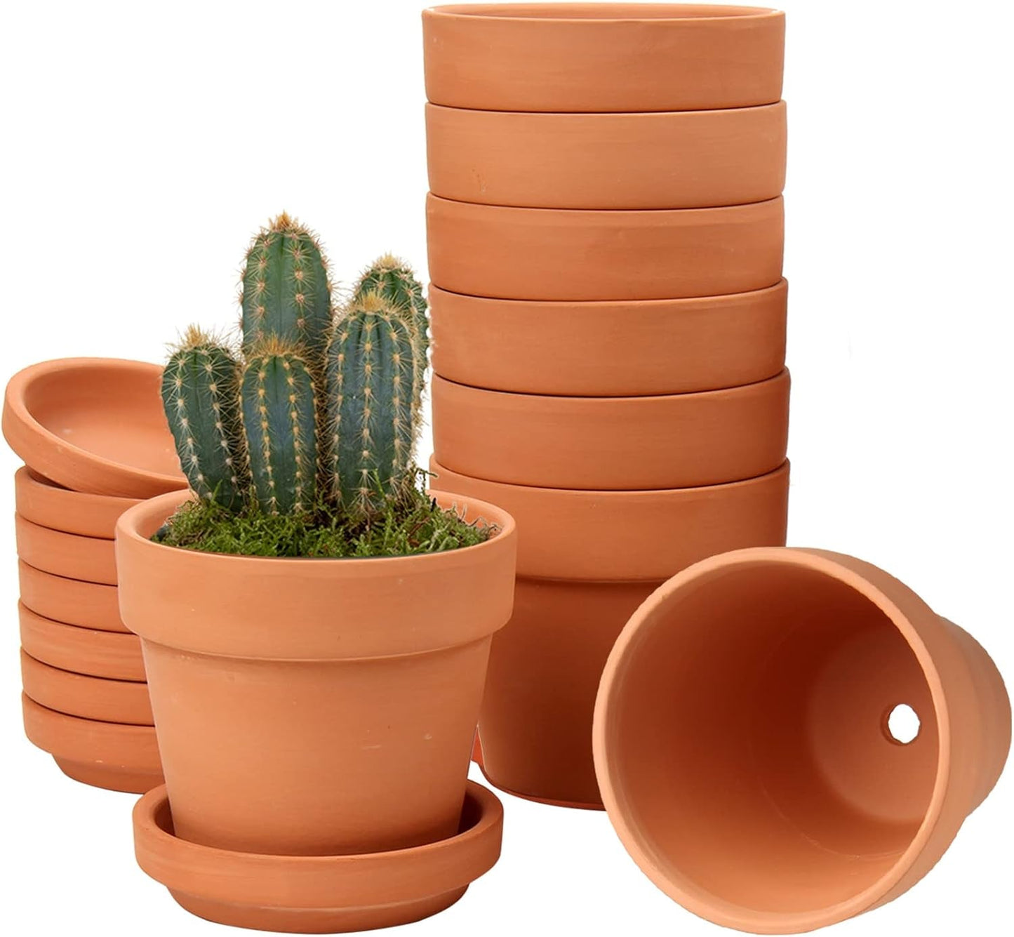 Hollyone 8-teiliges kleines Terrakotta-Pflanzgefäß-Set, 8 x 8 cm runde Tontöpfe mit Platte und Drainageloch, kleine Pflanzgefäße mit Tablett, Terrakotta-Sukkulentententöpfe für Zimmerpflanzen, Keramik-Pflanzgefäße