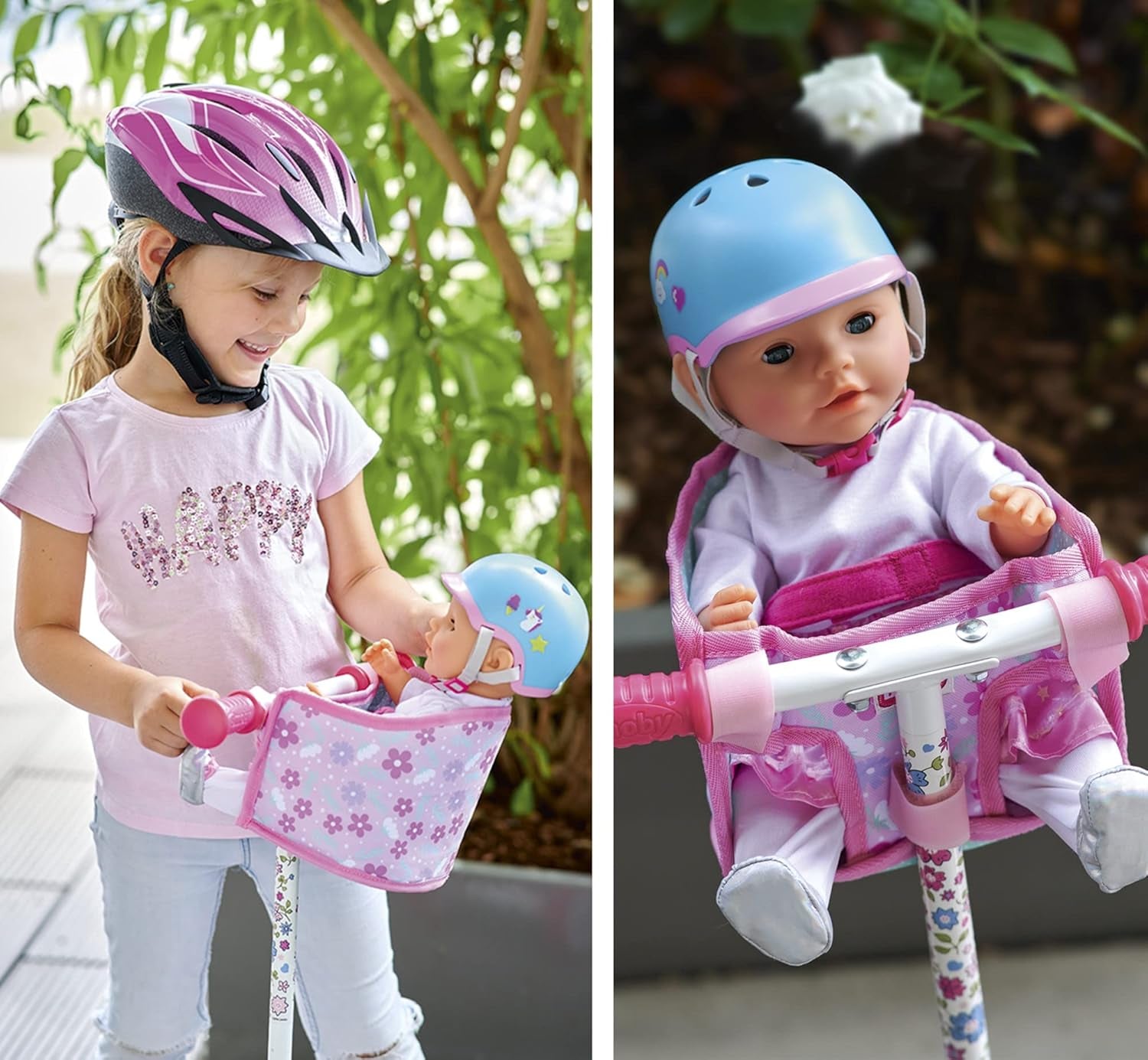Simba 105560018 – Fahrradsitz für Neugeborene mit Gürtel, Puppenzubehör, Stoffsitz, Sicherheitsgurt, Klettverschluss-Lenker, für 30–43 cm große Puppen, ab 3 Jahren