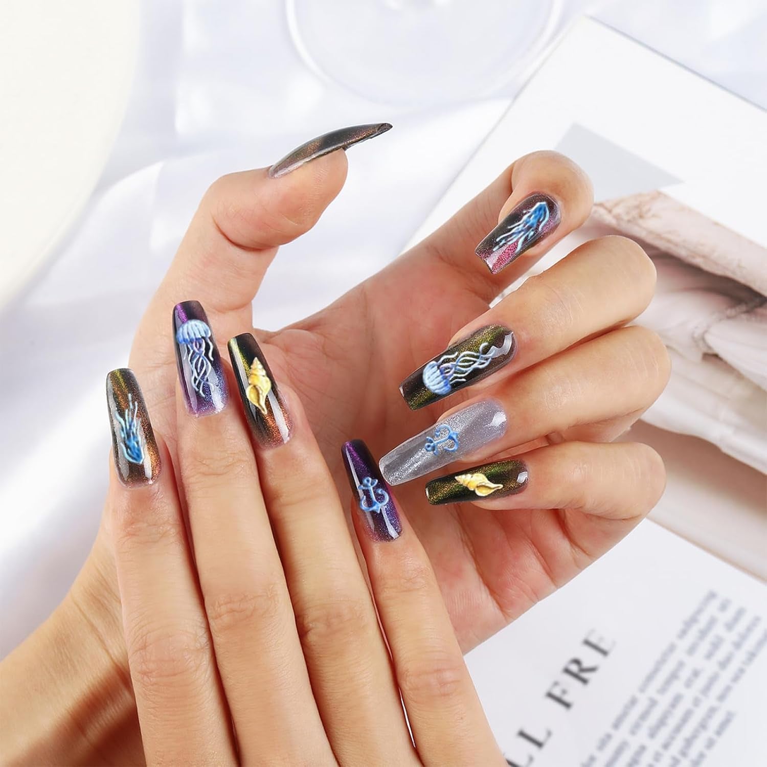 5D-Präge-Nagelaufkleber, Ozeanmuster, Nagelanhänger, Ozean-Sommer-Nagelaufkleber, Muscheln, Meerestiere, süße Nageldesign-Aufkleber, Nageldesign-Zubehör