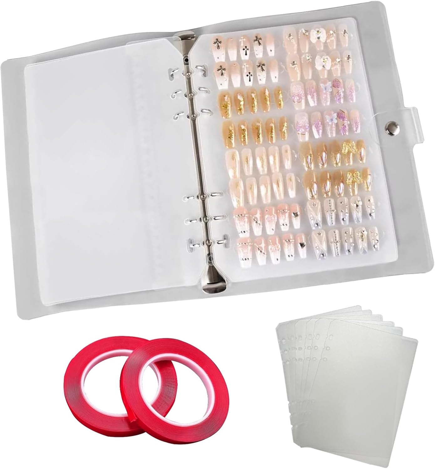 A5-Nagel-Organizer-Set mit Klammerverschluss und herausnehmbaren Blättern – stabile, durchsichtige Box + 6 Klebepads und abnehmbares Kunst-/Klebenagel-Aufbewahrungsbuch – ideal für Aufbewahrung und Präsentation
