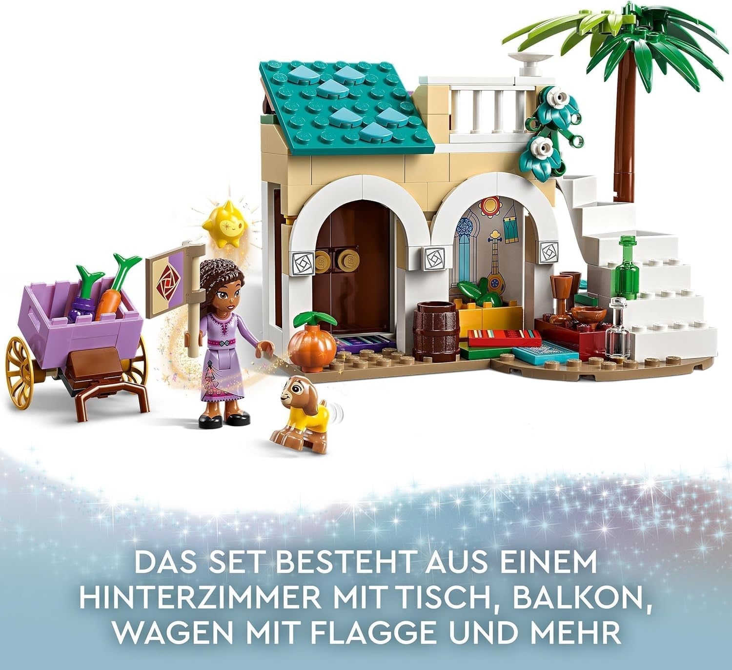 LEGO 43223 Disney Wish Asha in Rosas City, Wish-Filmset mit Markt, Asha-Minipuppe, Valentino als Spielzeugziege und Sternfiguren, Geschenk für Kinder ab 6 Jahren, Bausets für Mädchen und Jungen. Besuchen Sie den LEGO-Store