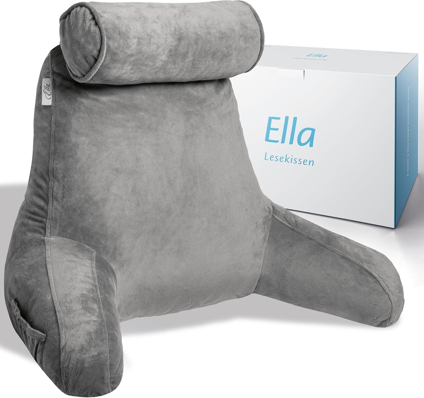 Ella Lesekissen für Bett und Sofa mit abnehmbarer Nackenrolle – Rückenkissen fürs Bett – Lesekissen aus Memory-Schaum mit Armlehnen, ideal zum Lesen, Fernsehen, Entspannen oder als Rückenstütze – Grau