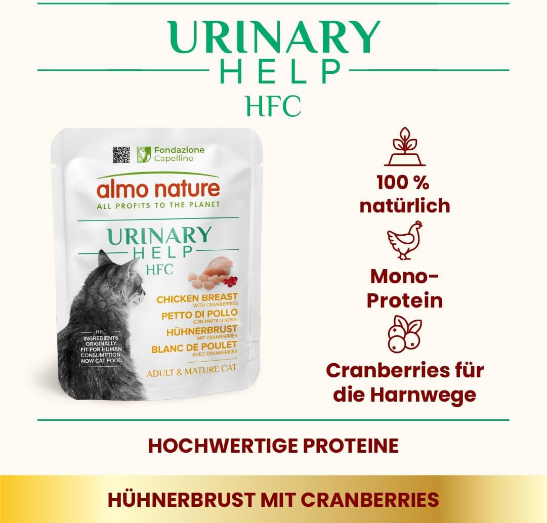 Almo Nature HFC Urinary Help – Nassfutter für Katzen – Unterstützung für die Harnwege – Hühnerbrust & Cranberries – Human Grade, Monoprotein, Glutenfrei – 24x50g