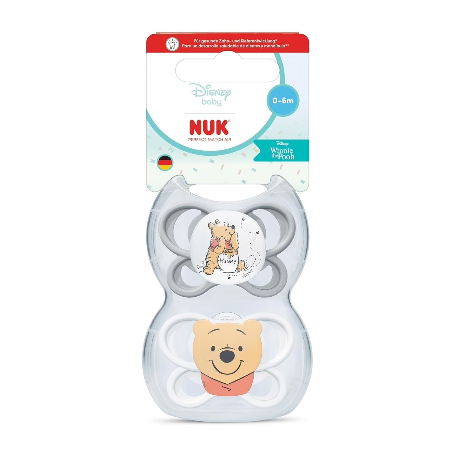 NUK Perfect Match Luftschnuller für Babys | 0-6 Monate | Kieferorthopädische Schnuller, die die Luftzirkulation fördern und durch Speichel verursachte Hautausschläge verhindern | 95 % Akzeptanz bei Babys** | Disney Winnie Puuh | 2 Stück