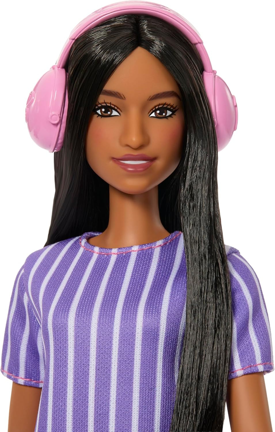 Barbie Fashionistas Puppe Nr. 245, autistische Puppe mit lila gestreiftem Kleid und Accessoires wie Fidget Spinner, Tablet und Kopfhörer, JJN58