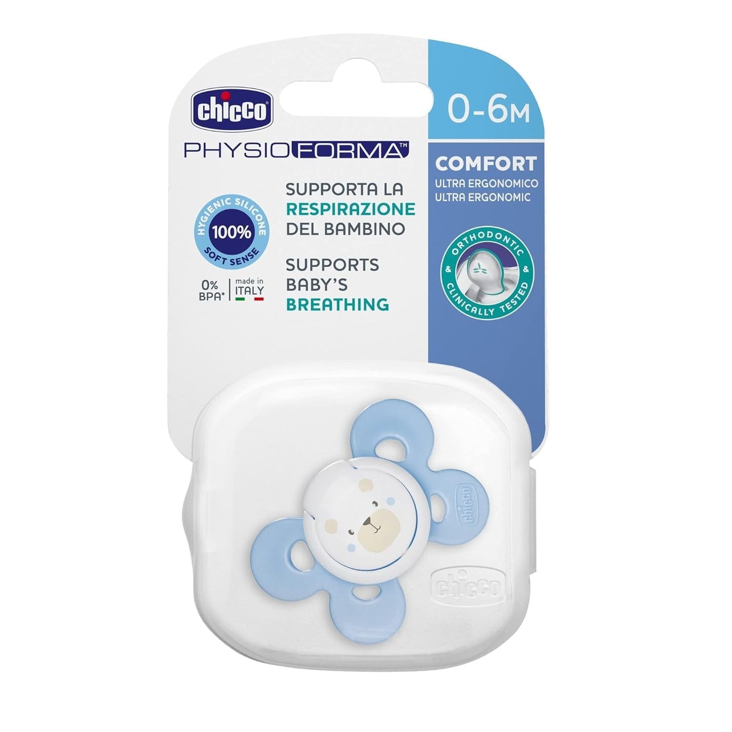 Chicco PhysioForma Comfort Schnuller 16-36 Monate, Babyschnuller mit Silikonsauger, 1 Stück, unterstützt die physiologische Atmung und die korrekte orale Entwicklung, blau