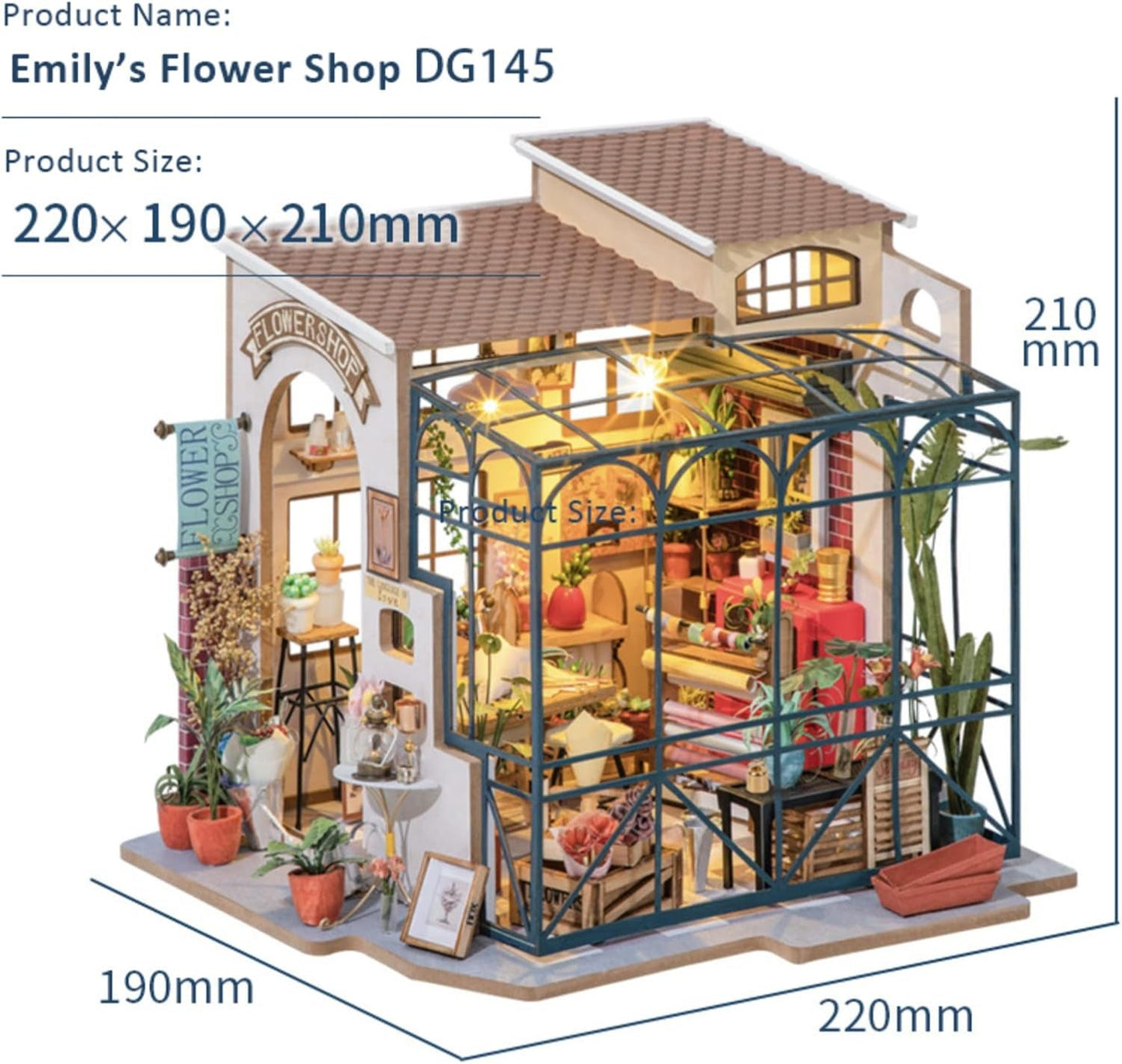 Robotime DG145 Rolife Emily's Flower Shop Miniatur-Puppenhaus aus Holz, Metall, Stoff und Pappe, Maße: 22 x 15 x 17 cm, Puppenhäuser von Naty Shop
