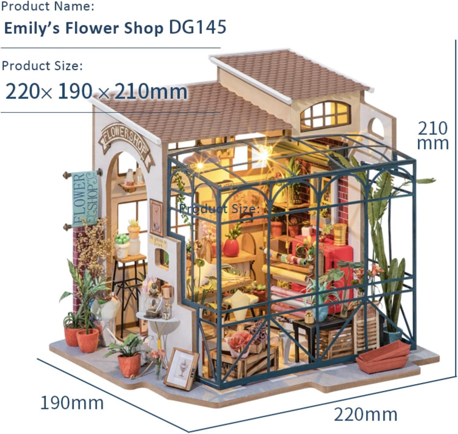 Robotime DG145 Rolife Emily's Flower Shop Miniatur-Puppenhaus aus Holz, Metall, Stoff und Pappe, Maße: 22 x 15 x 17 cm, Puppenhäuser von Naty Shop