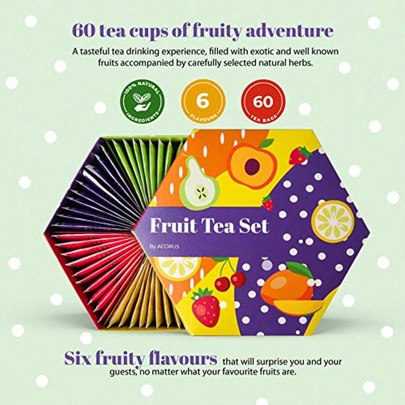 ACORUS | Luxuriöses Früchtetee-Set | Geschenkset mit natürlichen Tees in 6 Geschmacksrichtungen | Kräutertees, Früchtetees | Auswahl an Tees | Teebox mit 60 Teebeuteln
