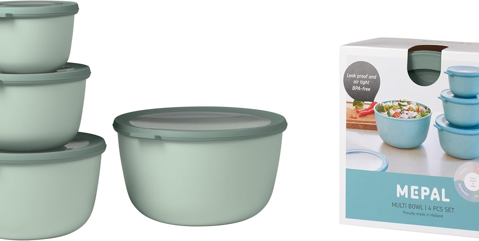Mepal – Multischüssel Cirqula Round 4-teiliges Set – Vorratsgläser mit Deckel – Geeignet als Aufbewahrungsbox, Kühlschrank, Gefrierschrank und Mikrowelle – 500, 1000, 2000 und 3000 ml – Nordic Salbei Frischhaltedosen Naty Shop Standardtitel